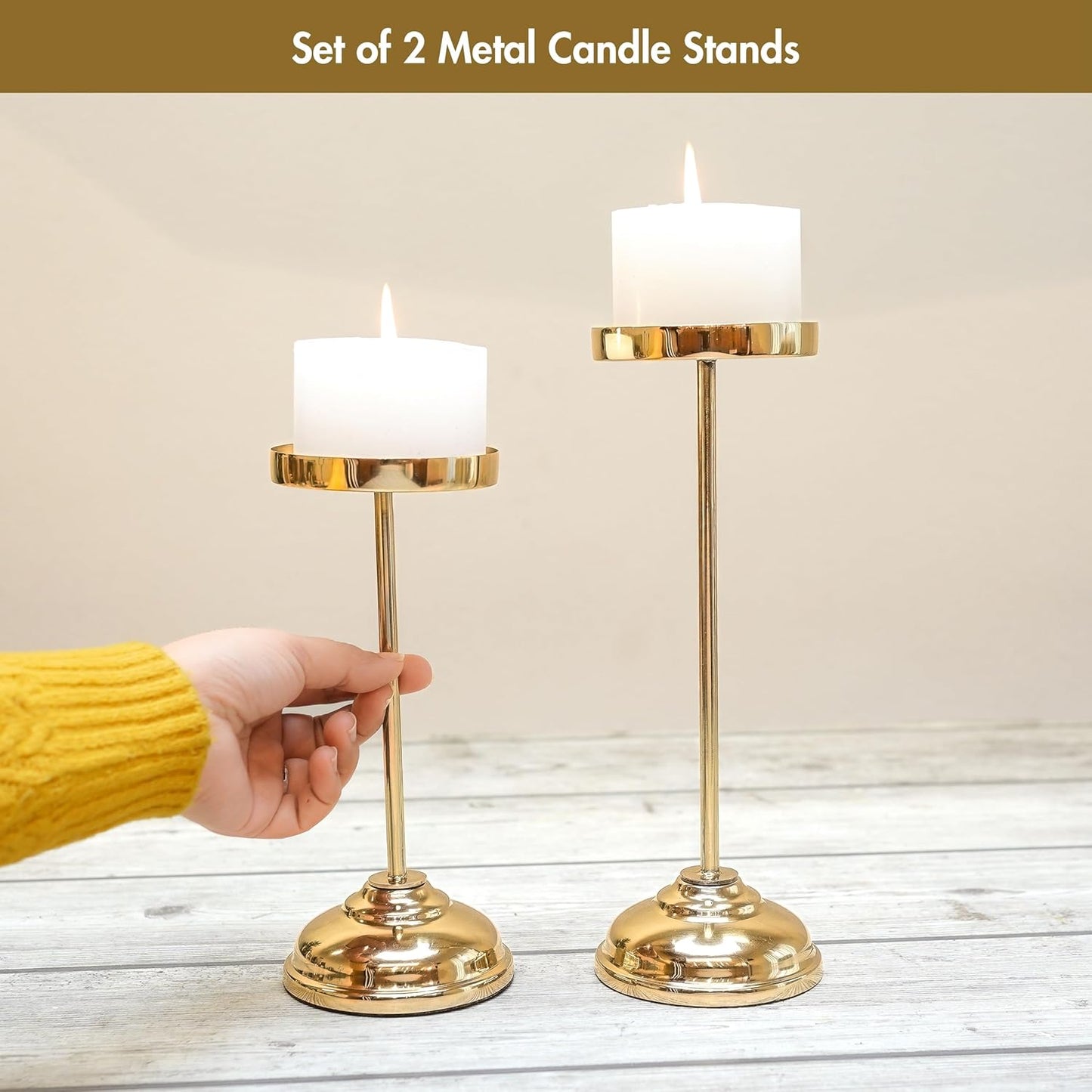 Handcrafted Large Metal Pillar Candle Holders | Table Centerpieces Coffee Tables or Fireplace Mantels | Solid Candles Stand for Christmas, Home Decor, Gift, Valentine's Day | Gold, Set of 2