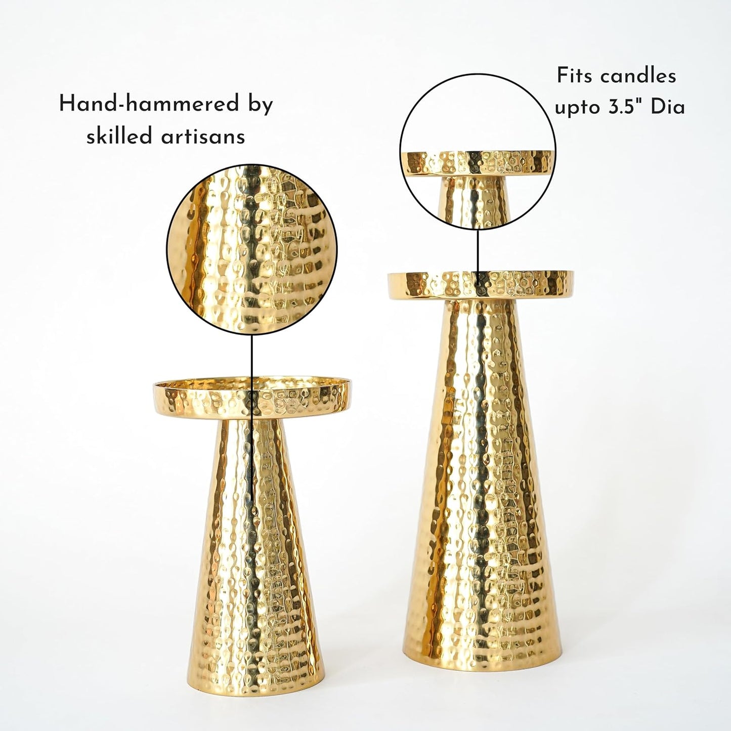 Hammered Large Metal Pillar Candle Holder with Gift Box | Table Centerpieces Candles Stand for Home Decor | Best Gift for Anniversary, Wedding Golden Set of 2 (Candles are not Included)