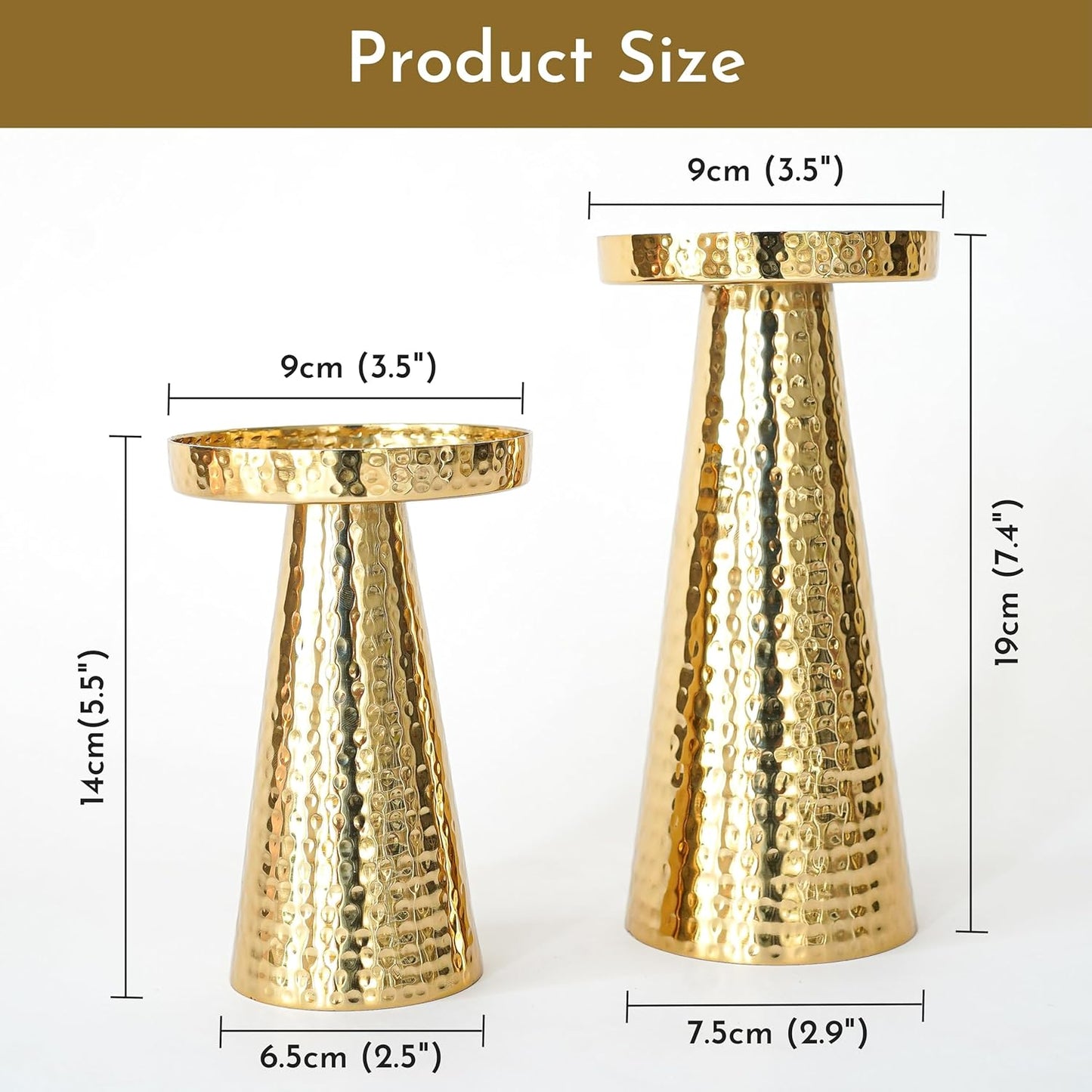 Hammered Large Metal Pillar Candle Holder with Gift Box | Table Centerpieces Candles Stand for Home Decor | Best Gift for Anniversary, Wedding Golden Set of 2 (Candles are not Included)