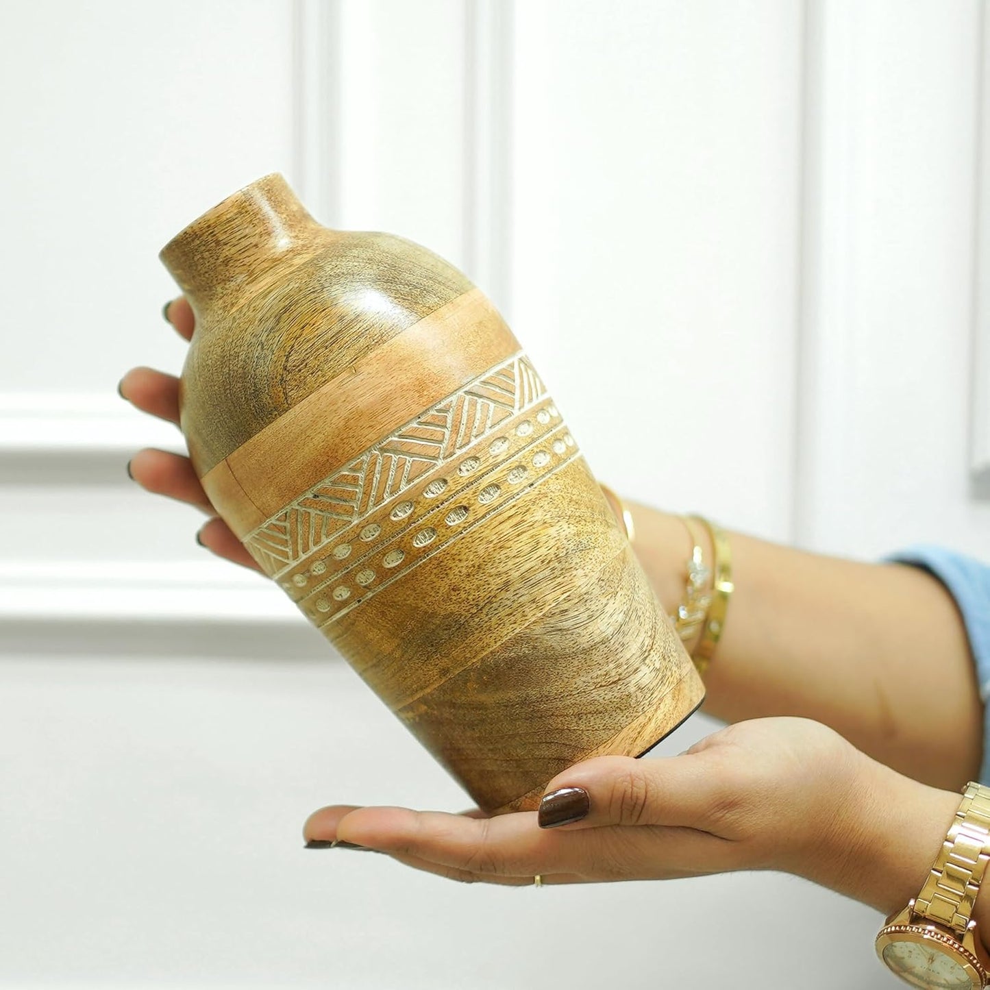 Mango Wood Flower Vases, Bud with Etching, for Decor Home Living Room Kitchen Office, Diwali Decoration | Height - 7.8" inch (20 cm)