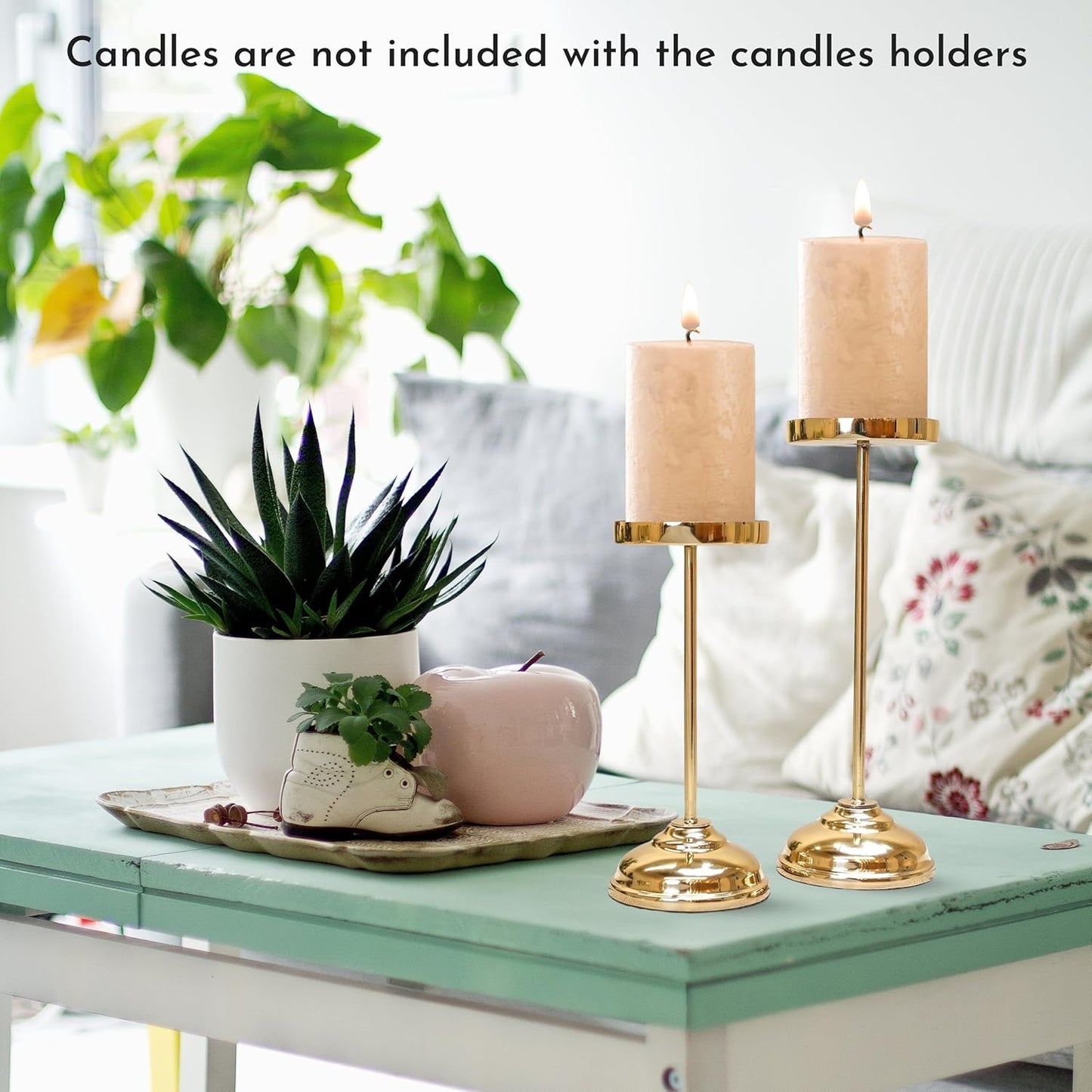 Handcrafted Large Metal Pillar Candle Holders | Table Centerpieces Coffee Tables or Fireplace Mantels | Solid Candles Stand for Christmas, Home Decor, Gift, Valentine's Day | Gold, Set of 2