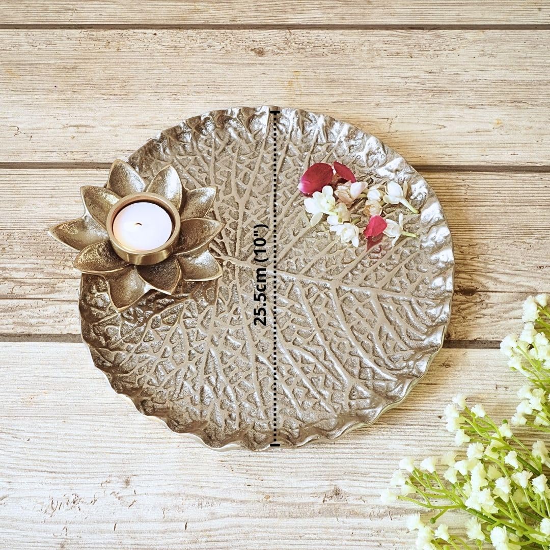 Metal Lotus Tray with Tea-Light Holder for Home Decor | Round Pooja Thali for Temple | Golden Decorative Tika Tilak Thali for Wedding, Haldi & Mehndi Ceremony | Elegant Gift 1 pc, Dia: 25.5 cm