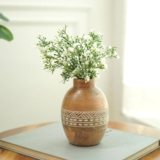 Flower Vase, Mango Wood Flower Vases, Bulb with Etching, for Decor Home Living Room Kitchen Office, Diwali Decoration | Height - 5.9" inch (15 cm)
