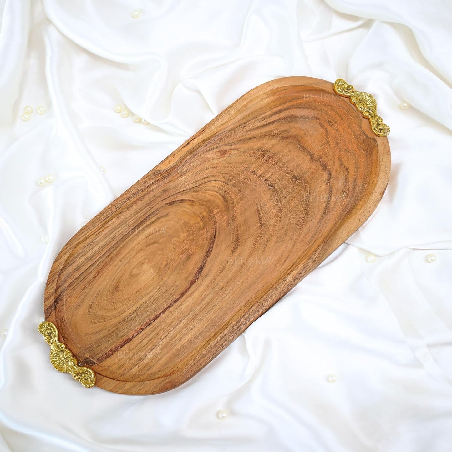 Behoma Mango Wood Oval Serving Platter with Golden Brass Motif | Elegant Wooden Tray for Home Décor | Durga Puja Navratri Festive Serveware for Sweets, Cookies & Dry Fruits | Size-32 cm (12.6 inch)
