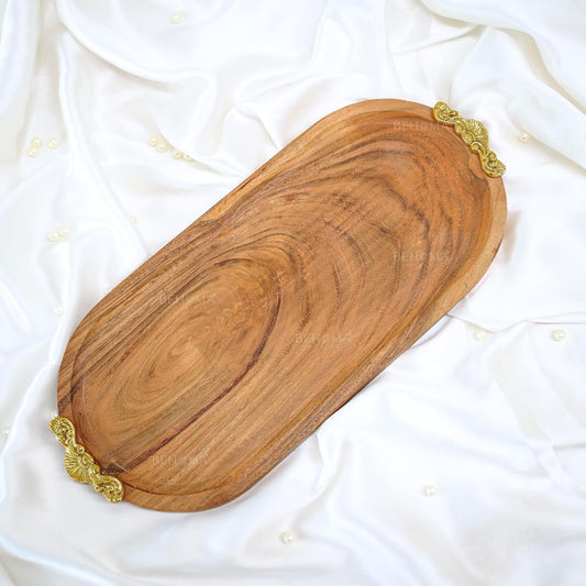 Behoma Mango Wood Oval Serving Platter with Golden Brass Motif | Elegant Wooden Tray for Home Décor | Durga Puja Navratri Festive Serveware for Sweets, Cookies & Dry Fruits | Size-32 cm (12.6 inch)