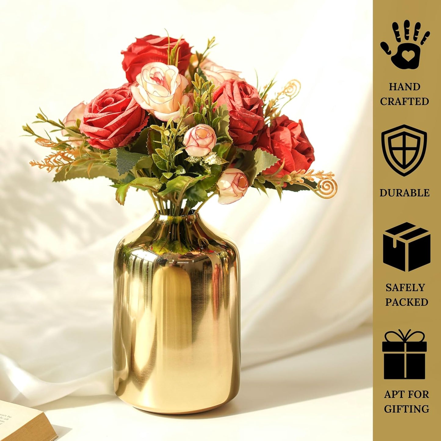 Metal Flower Vase for Home Decor Bedroom Living Room Office Wedding | Table Decorative Item for Festivals Birthday Gold (Flower Not Included, Modern)