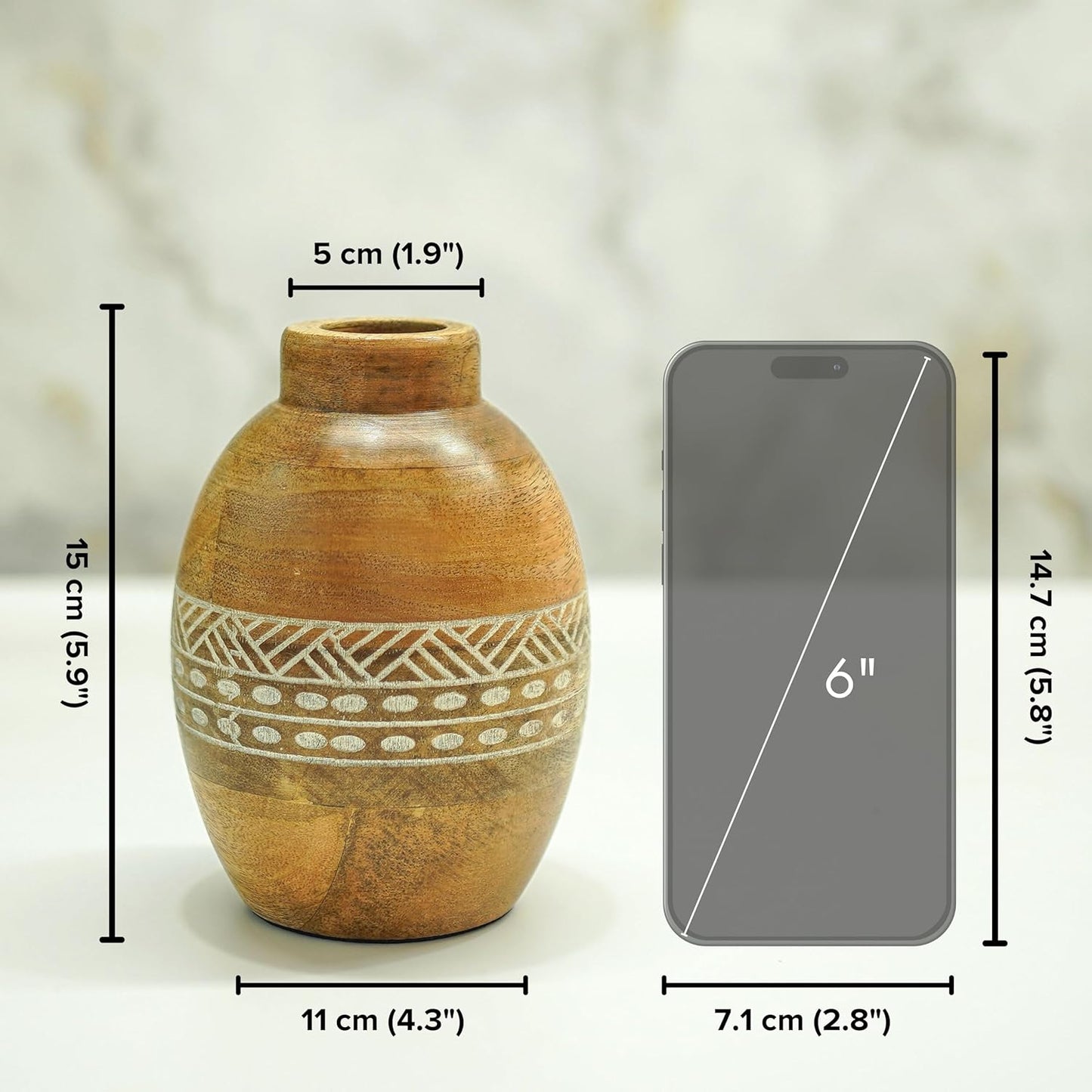 Flower Vase, Mango Wood Flower Vases, Bulb with Etching, for Decor Home Living Room Kitchen Office, Diwali Decoration | Height - 5.9" inch (15 cm)