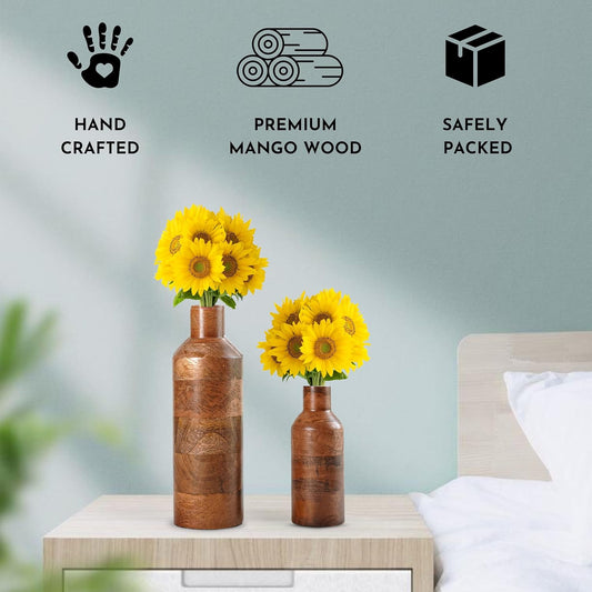Wooden Flower Vase Set of 2, Bottle Shape Mango Wood Vases for Flowers for Decor Home Living Room Kitchen Office, Walnut Brown Finish | Height - 9 inch (23 cm) & 5.9 inch (15 cm)