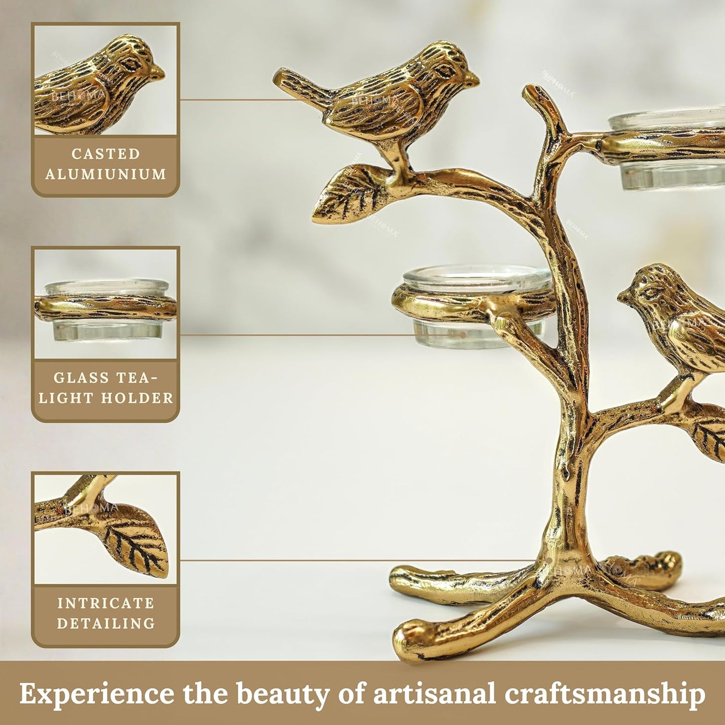 Metal Romantic Love Birds Tree Candle Holder | Blessing Birds Tea Light Centerpiece for Home Decor & Living Room | Couple Gift for Valentine’s Day, Wedding, Anniversary & Housewarming – Gold