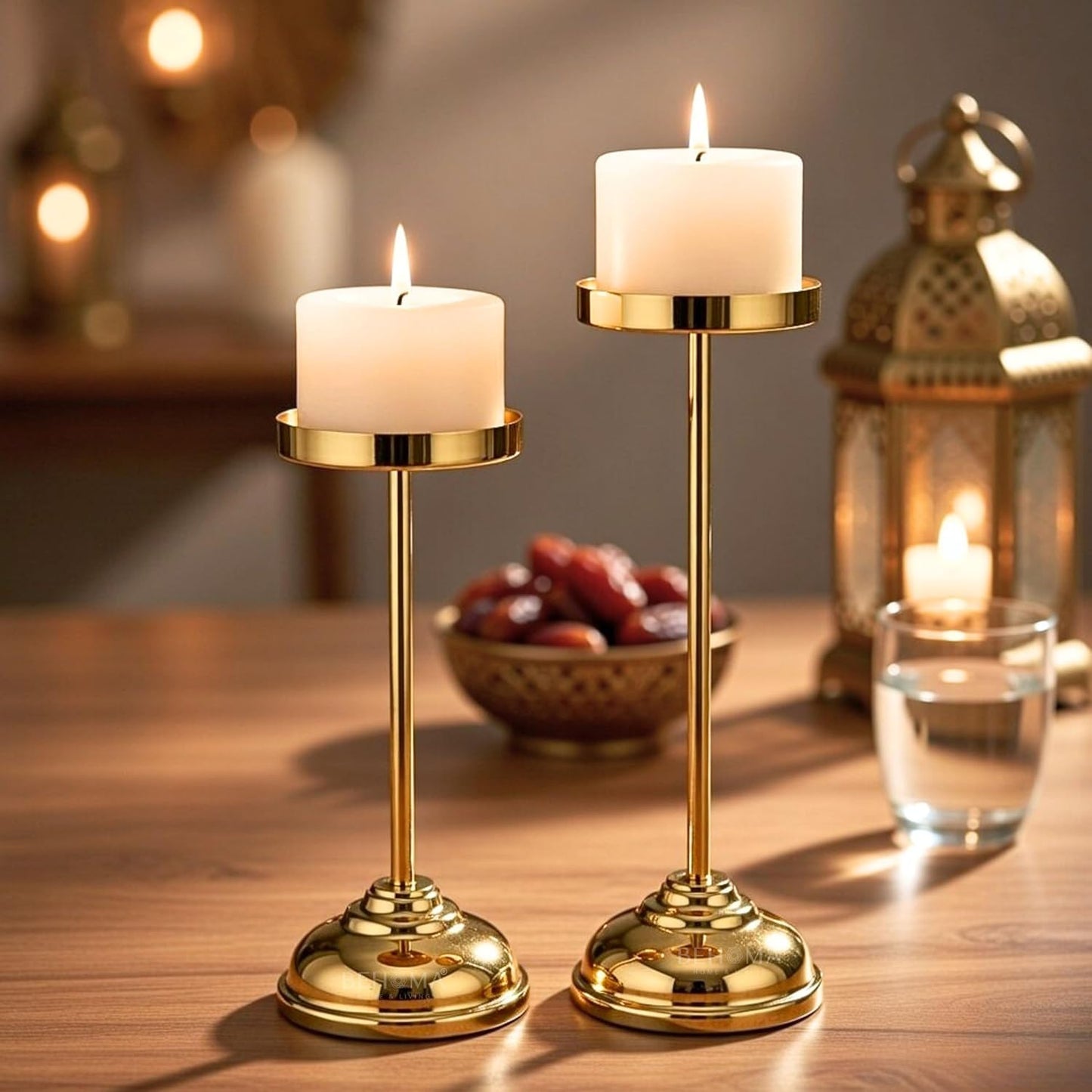 Handcrafted Large Metal Pillar Candle Holders | Table Centerpieces Coffee Tables or Fireplace Mantels | Solid Candles Stand for Christmas, Home Decor, Gift, Valentine's Day | Gold, Set of 2