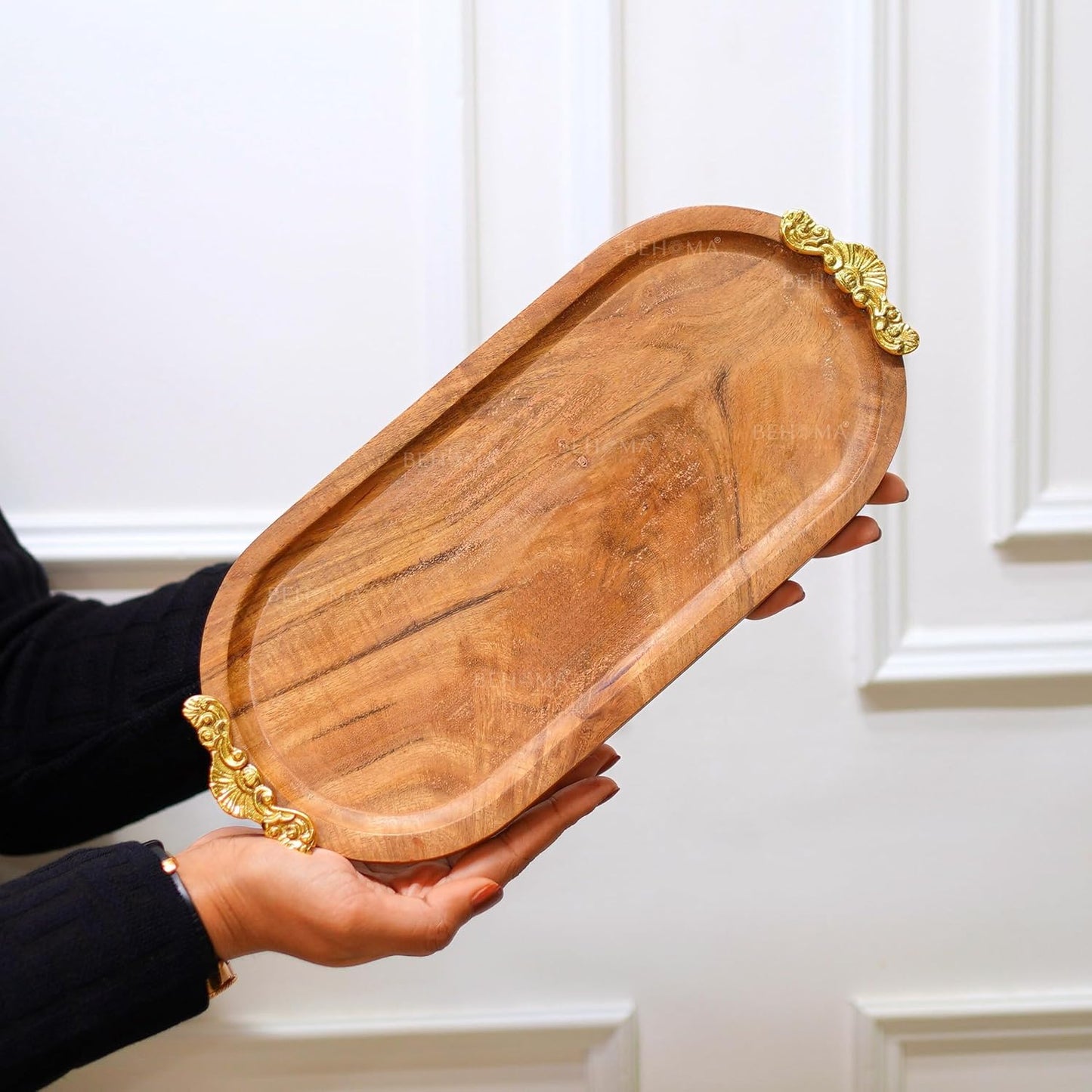 Behoma Mango Wood Oval Serving Platter with Golden Brass Motif | Elegant Wooden Tray for Home Décor | Durga Puja Navratri Festive Serveware for Sweets, Cookies & Dry Fruits | Size-32 cm (12.6 inch)