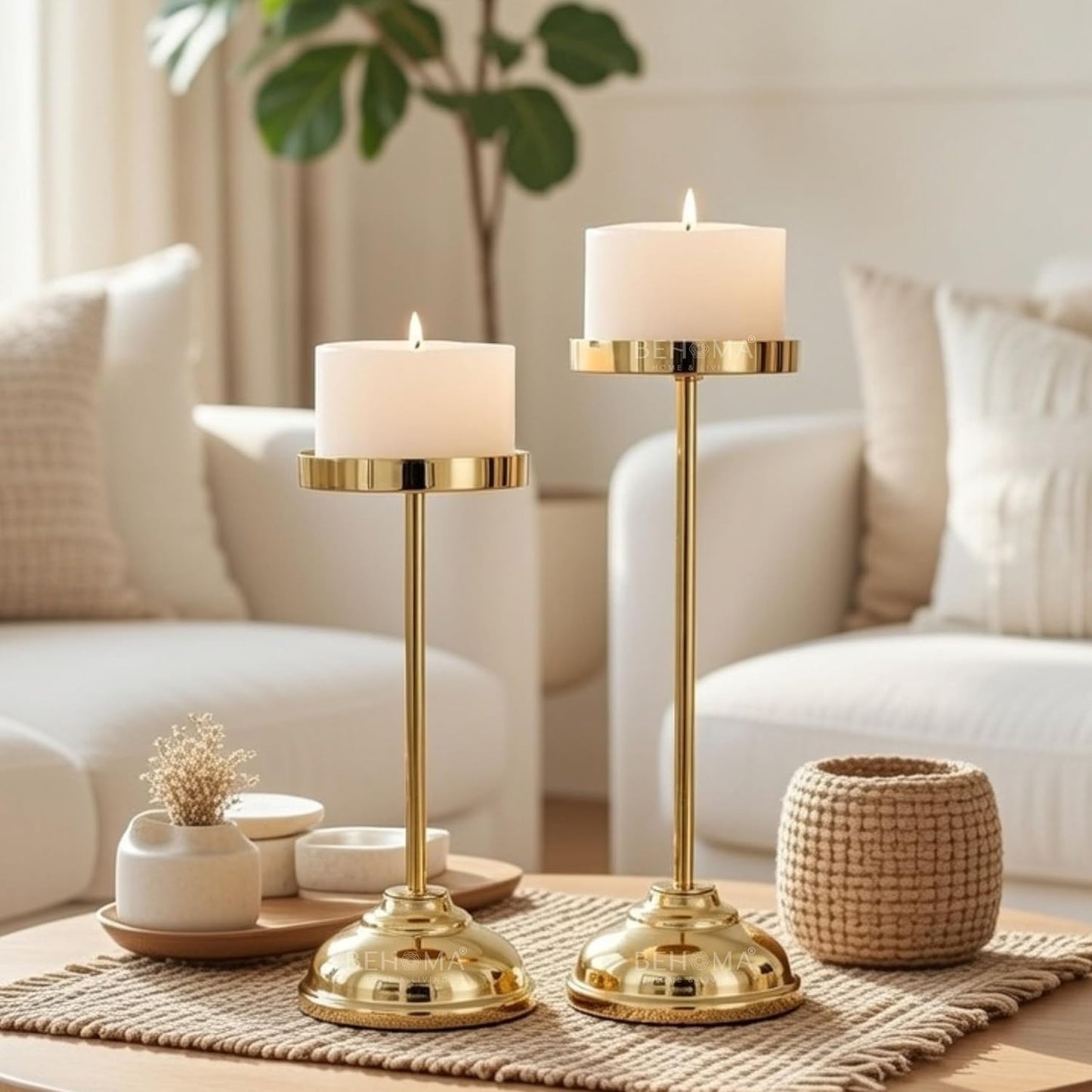 Handcrafted Large Metal Pillar Candle Holders | Table Centerpieces Coffee Tables or Fireplace Mantels | Solid Candles Stand for Christmas, Home Decor, Gift, Valentine's Day | Gold, Set of 2