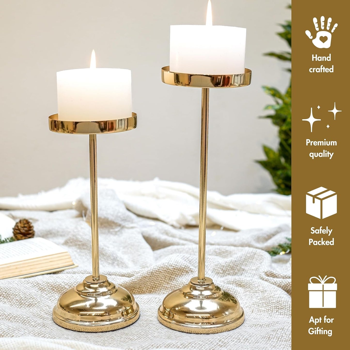 Handcrafted Large Metal Pillar Candle Holders | Table Centerpieces Coffee Tables or Fireplace Mantels | Solid Candles Stand for Christmas, Home Decor, Gift, Valentine's Day | Gold, Set of 2