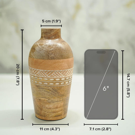 Mango Wood Flower Vases, Bud with Etching, for Decor Home Living Room Kitchen Office, Diwali Decoration | Height - 7.8" inch (20 cm)