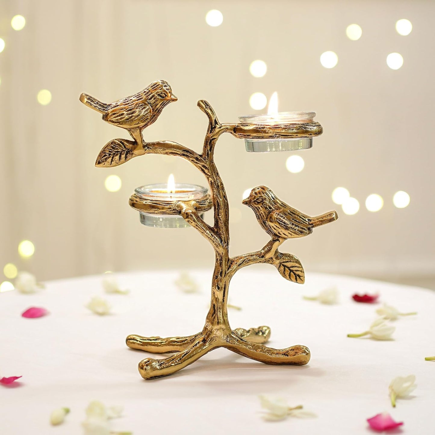 Metal Romantic Love Birds Tree Candle Holder | Blessing Birds Tea Light Centerpiece for Home Decor & Living Room | Couple Gift for Valentine’s Day, Wedding, Anniversary & Housewarming – Gold