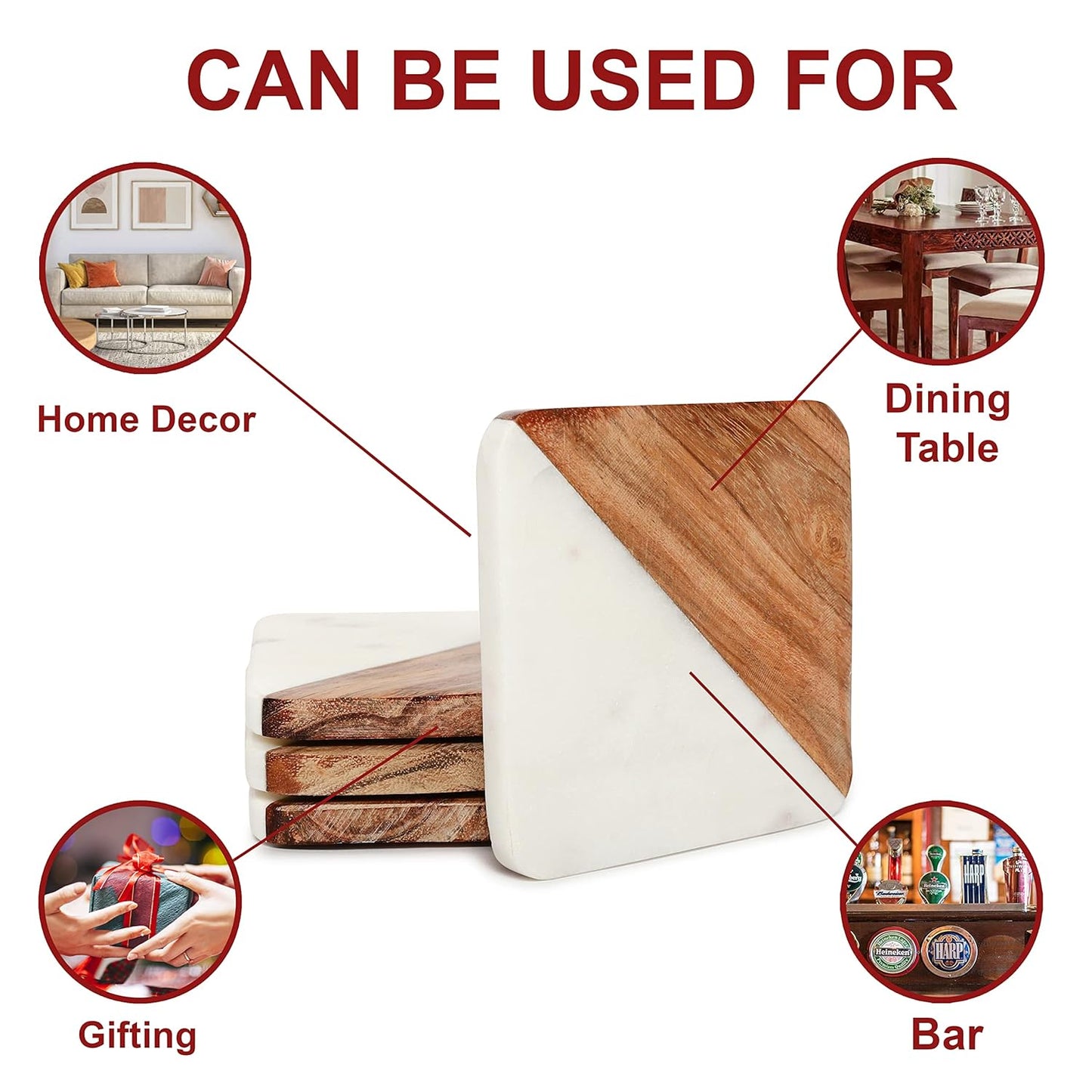 White Marble and Wooden Coasters Set of 4 for Tea Coasters