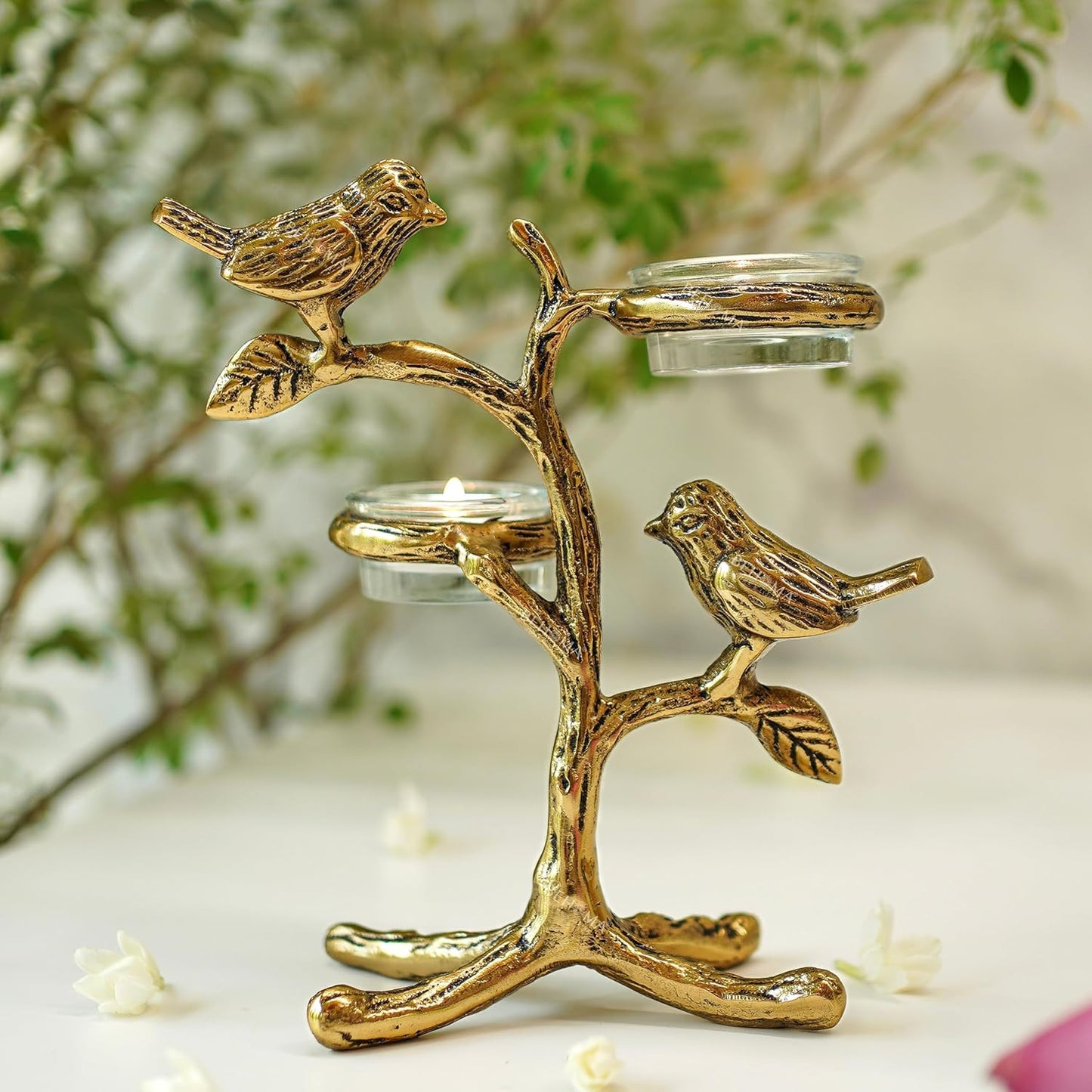 Metal Romantic Love Birds Tree Candle Holder | Blessing Birds Tea Light Centerpiece for Home Decor & Living Room | Couple Gift for Valentine’s Day, Wedding, Anniversary & Housewarming – Gold