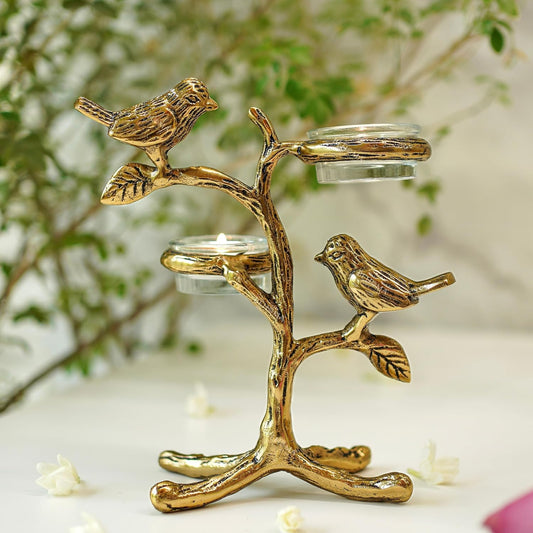Metal Romantic Love Birds Tree Candle Holder | Blessing Birds Tea Light Centerpiece for Home Decor & Living Room | Couple Gift for Valentine’s Day, Wedding, Anniversary & Housewarming – Gold
