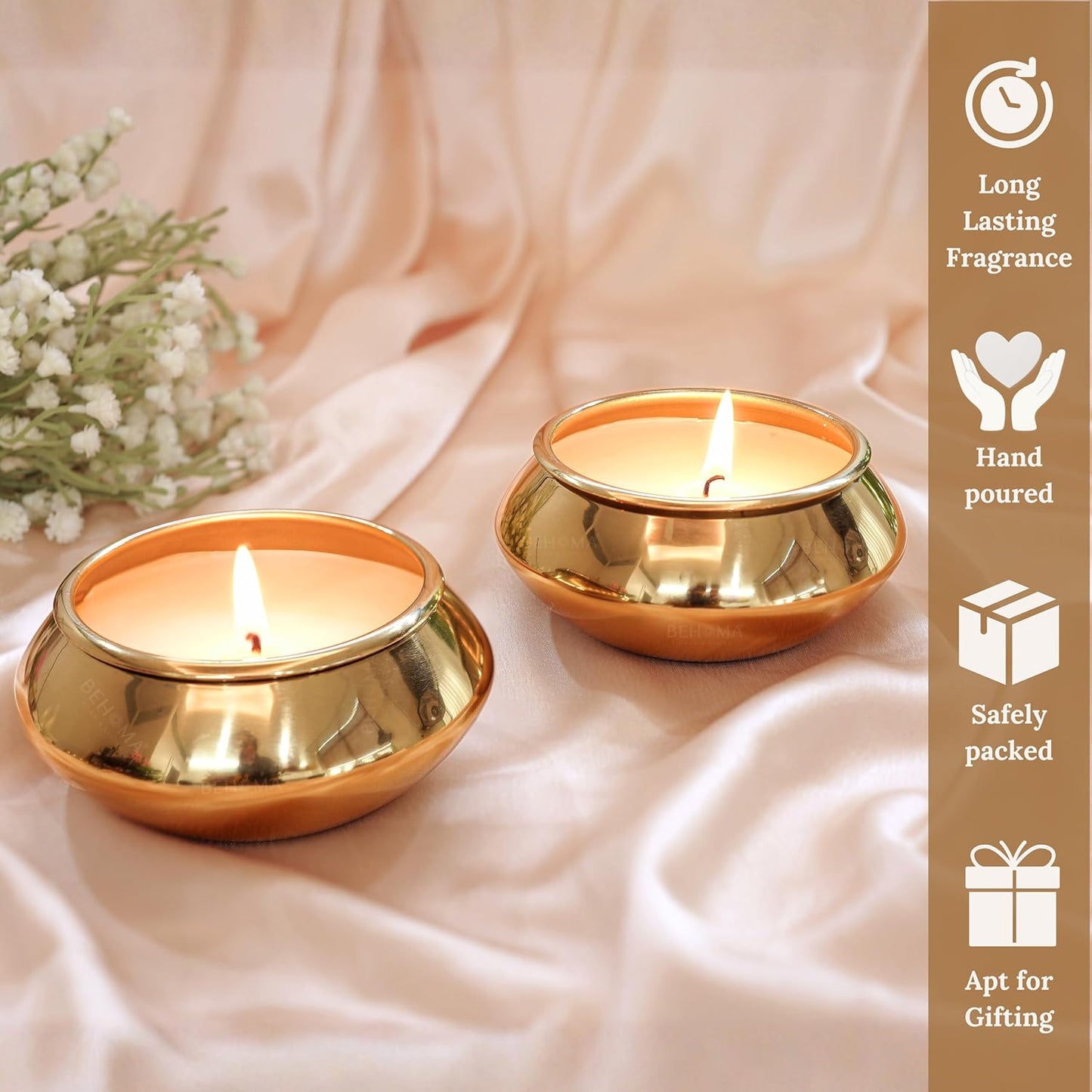 Pebble Pot Metal Scented Candle Set | Gold Decorative Romantic Jar Candles Bowls for Home Décor | Luxury Festive Gifting Living Room Table Décor | Christmas Valentine Gifts (Set of 2)