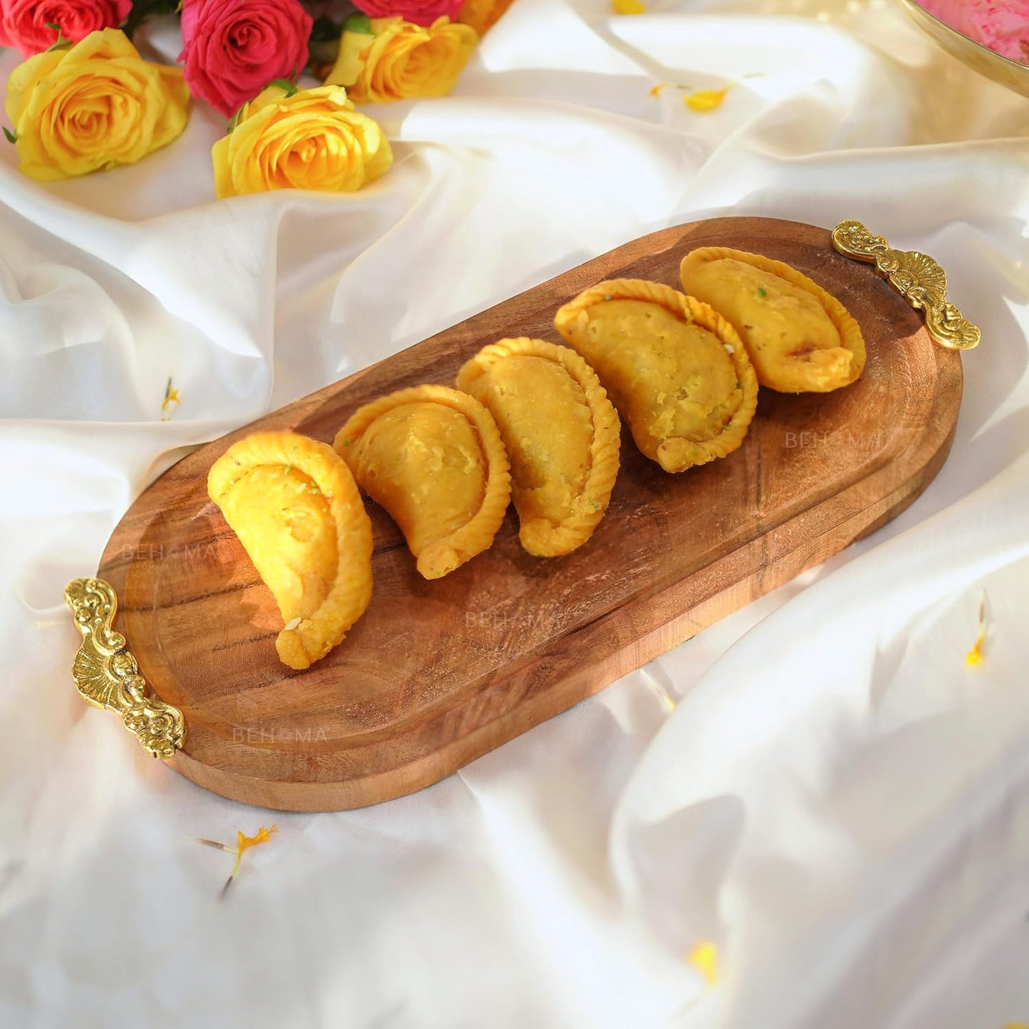 Behoma Mango Wood Oval Serving Platter with Golden Brass Motif | Elegant Wooden Tray for Home Décor | Durga Puja Navratri Festive Serveware for Sweets, Cookies & Dry Fruits | Size-32 cm (12.6 inch)