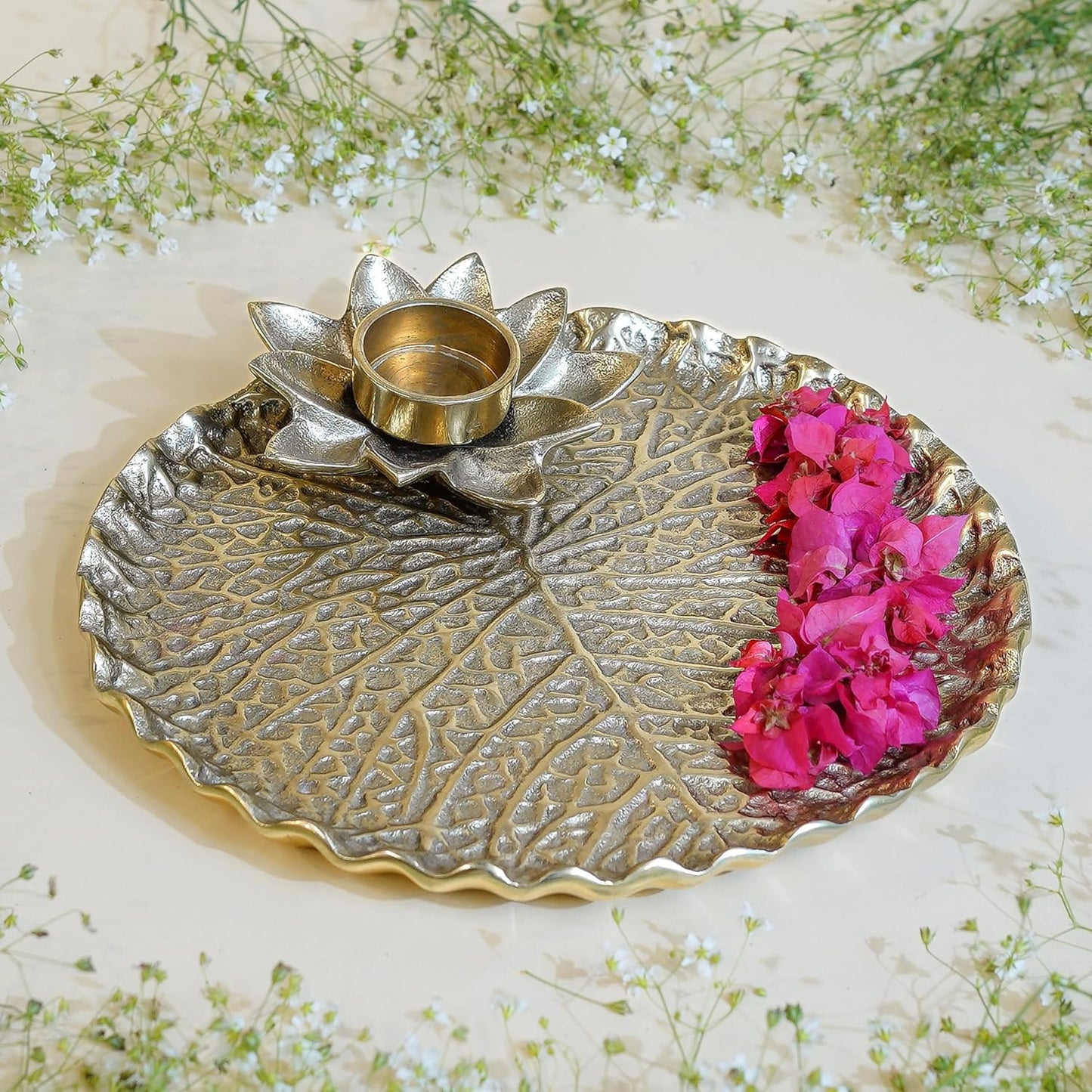 Metal Lotus Tray with Tea-Light Holder for Home Decor | Round Pooja Thali for Temple | Golden Decorative Tika Tilak Thali for Wedding, Haldi & Mehndi Ceremony | Elegant Gift 1 pc, Dia: 25.5 cm