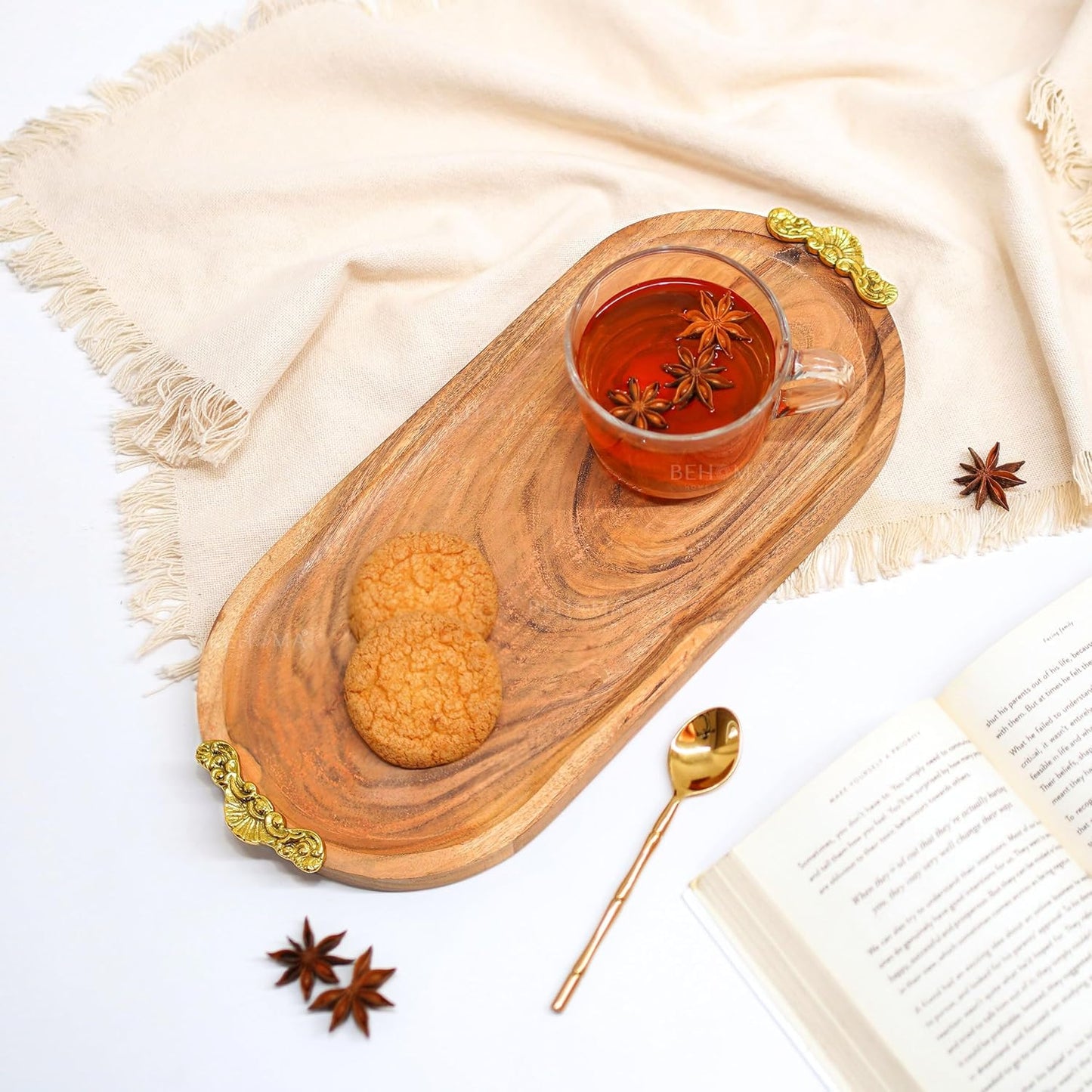 Behoma Mango Wood Oval Serving Platter with Golden Brass Motif | Elegant Wooden Tray for Home Décor | Durga Puja Navratri Festive Serveware for Sweets, Cookies & Dry Fruits | Size-32 cm (12.6 inch)