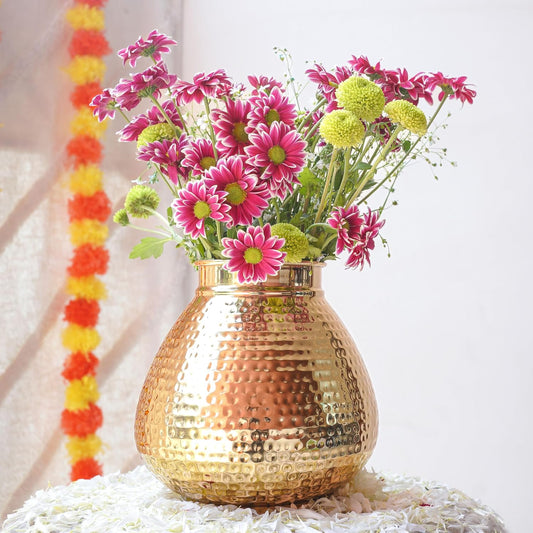 Matki Shape Metal Vase for Home Decor, Hammered Flower Pot for Office Table Decorations, Modern vases, Gift for Diwali Ganpati Onaml