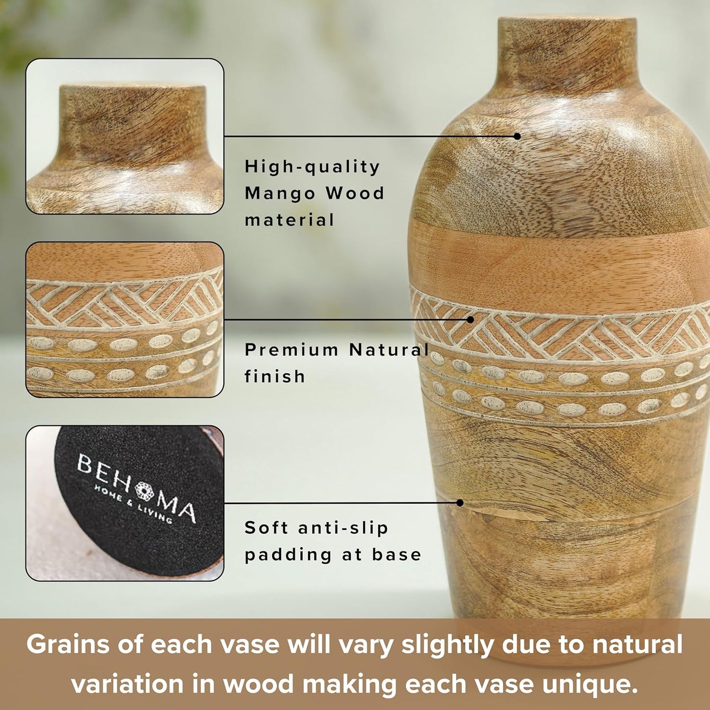 Mango Wood Flower Vases, Bud with Etching, for Decor Home Living Room Kitchen Office, Diwali Decoration | Height - 7.8" inch (20 cm)