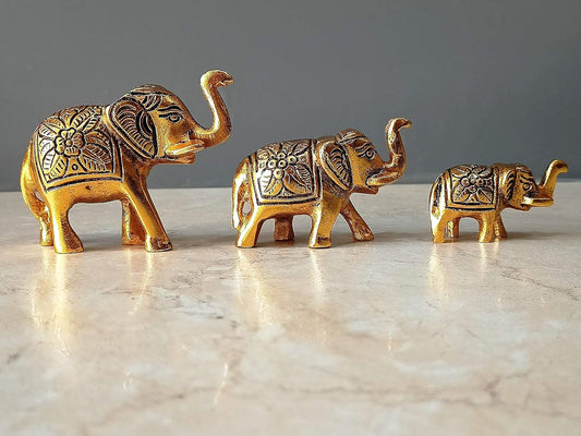 Metal Trunk Up Elephant Family Statue Showpiece Figurine- set of 3
