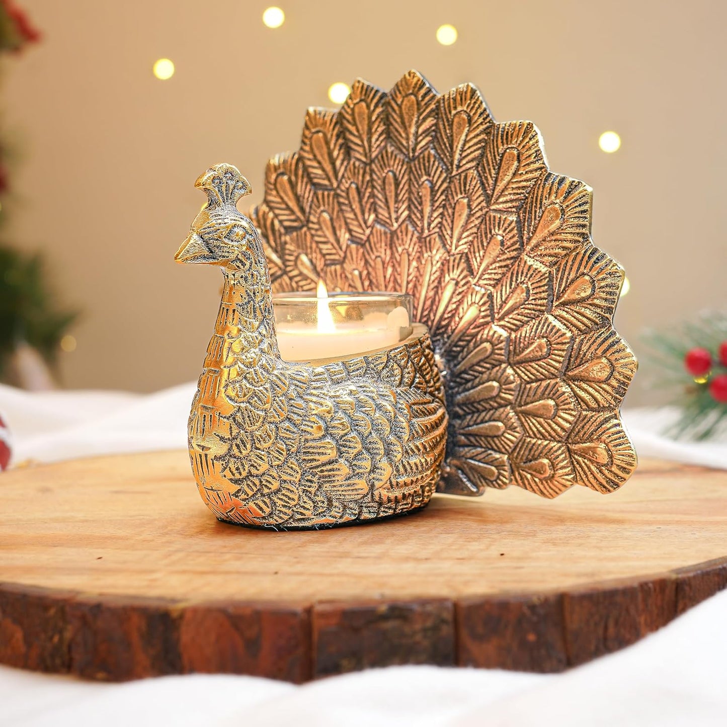 Metal Gold Dancing Peacock for Home Décor | Valentine’s Day, Birthday, Wedding Anniversary Romantic Gift for Women | Good Luck & Love Showpiece with Scented Glass Votive Candle (Golden,18.5cm)
