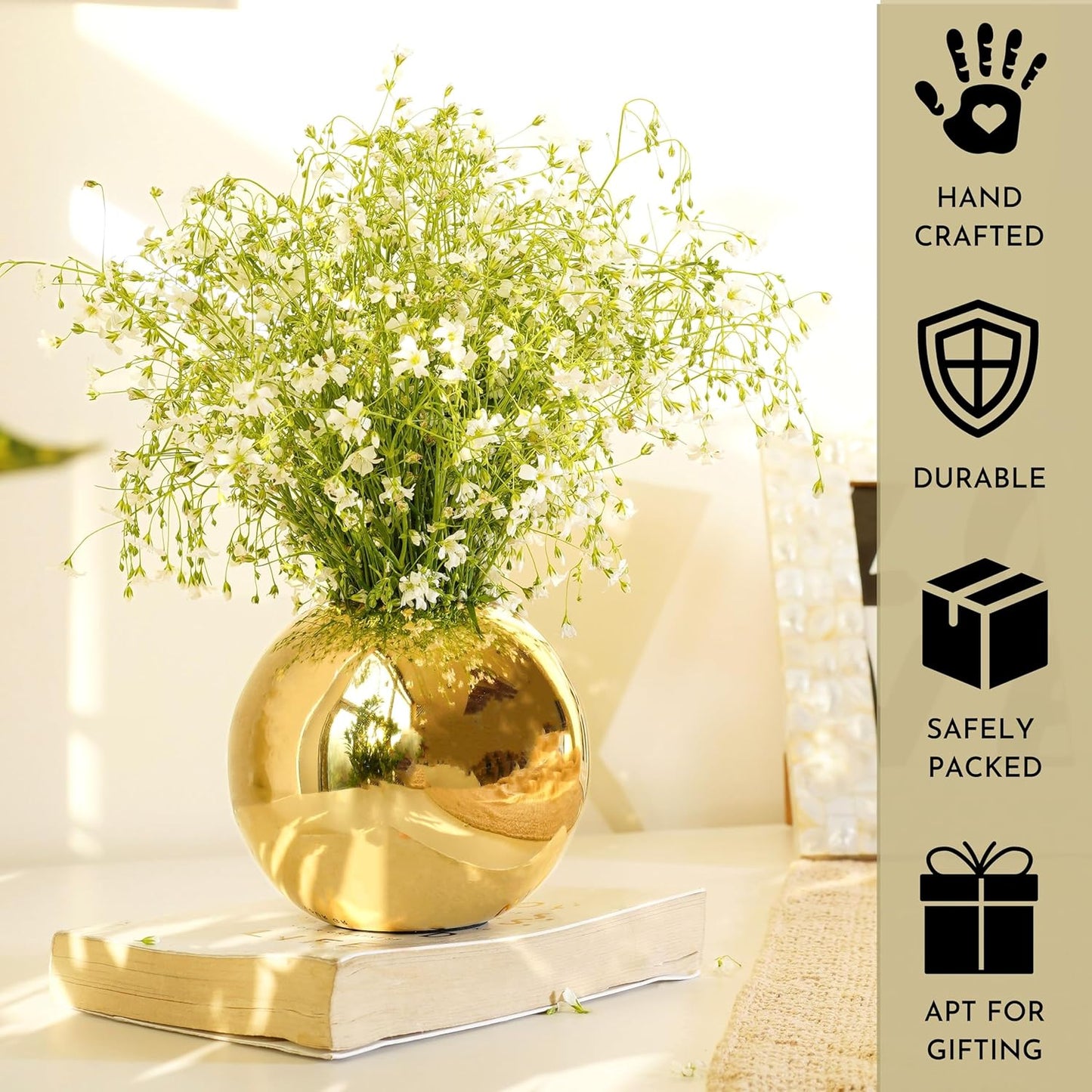Luna Gold Sphere Metal Vase – Modern Decorative Flower Vase for Coffee Table, Living Room & Bedroom | Luxury Metallic Finish | Elegant Home Décor Gift (Flowers Not Included)