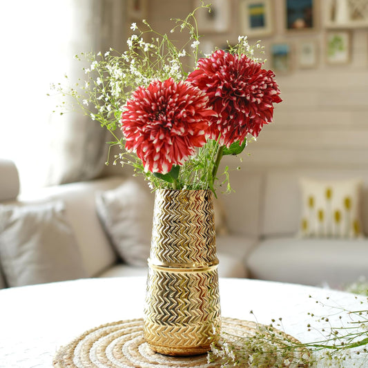 Arrow Engrave Metal Cylindrical Vase for Home Décor | Table Flower Pot for Valentine’s Day, Couple Gift for Wedding Anniversary, Birthday Decoration | 9.2" Golden, 1Pc (Flower not Included)