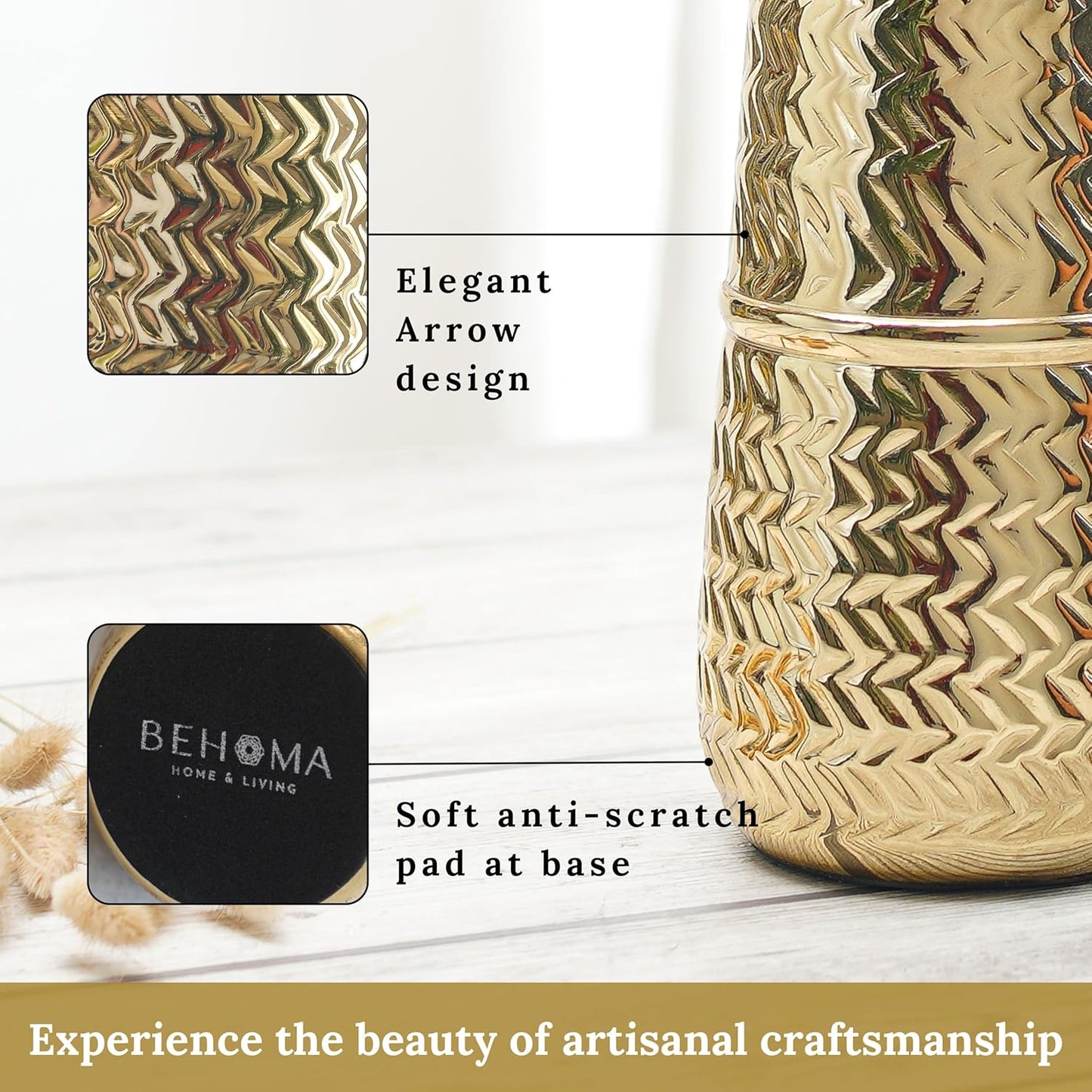 Arrow Engrave Metal Cylindrical Vase for Home Décor | Table Flower Pot for Valentine’s Day, Couple Gift for Wedding Anniversary, Birthday Decoration | 9.2" Golden, 1Pc (Flower not Included)