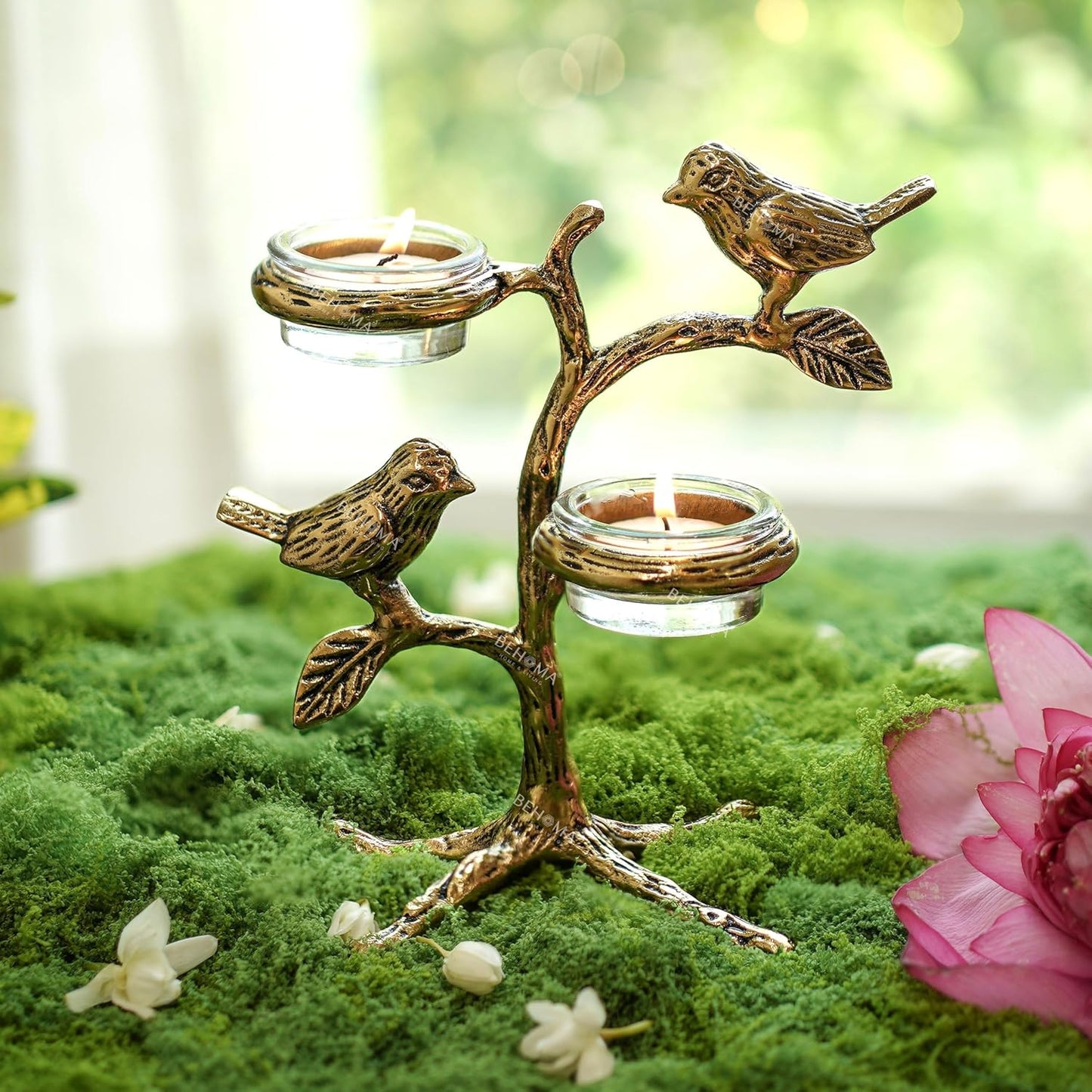 Metal Romantic Love Birds Tree Candle Holder | Blessing Birds Tea Light Centerpiece for Home Decor & Living Room | Couple Gift for Valentine’s Day, Wedding, Anniversary & Housewarming – Gold