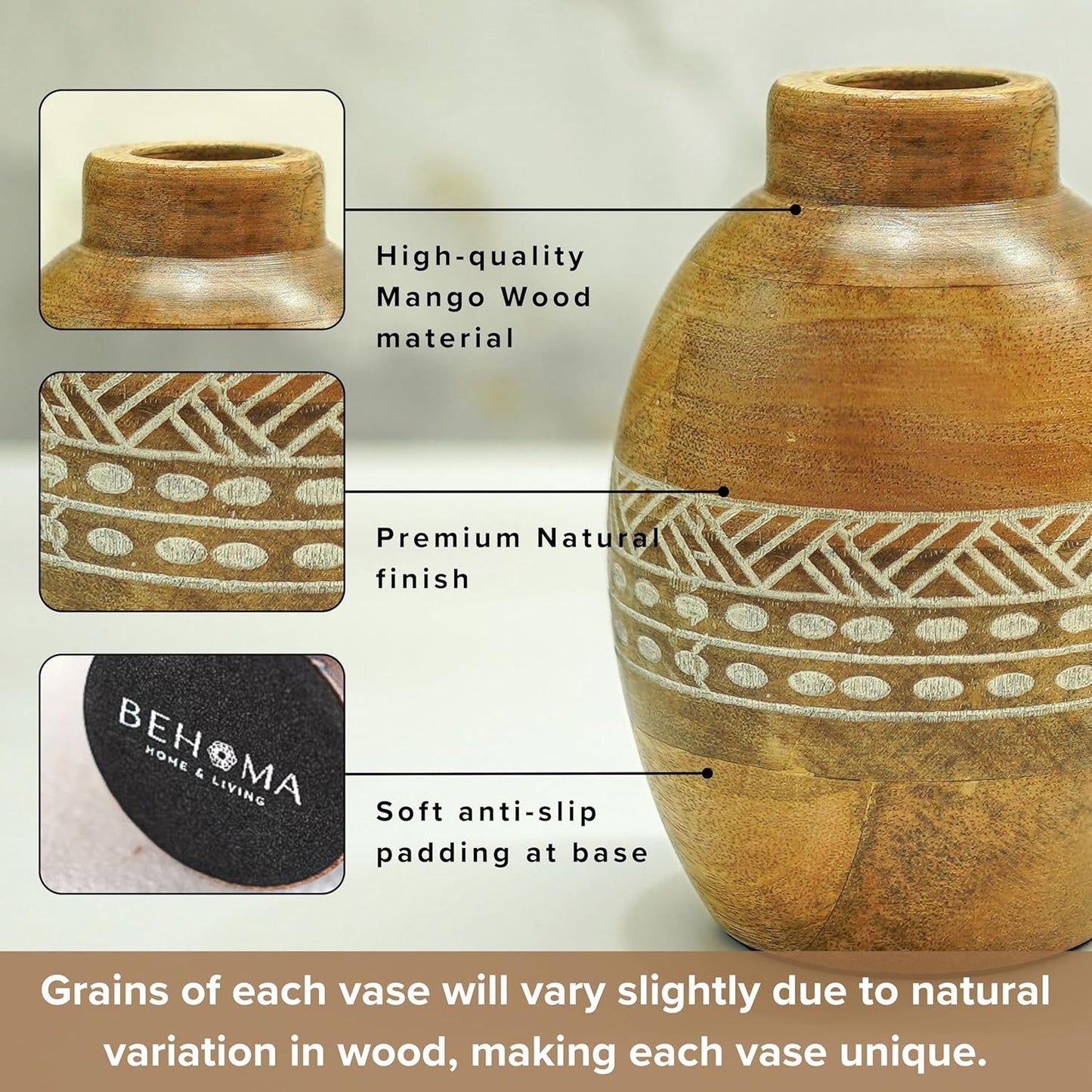 Flower Vase, Mango Wood Flower Vases, Bulb with Etching, for Decor Home Living Room Kitchen Office, Diwali Decoration | Height - 5.9" inch (15 cm)