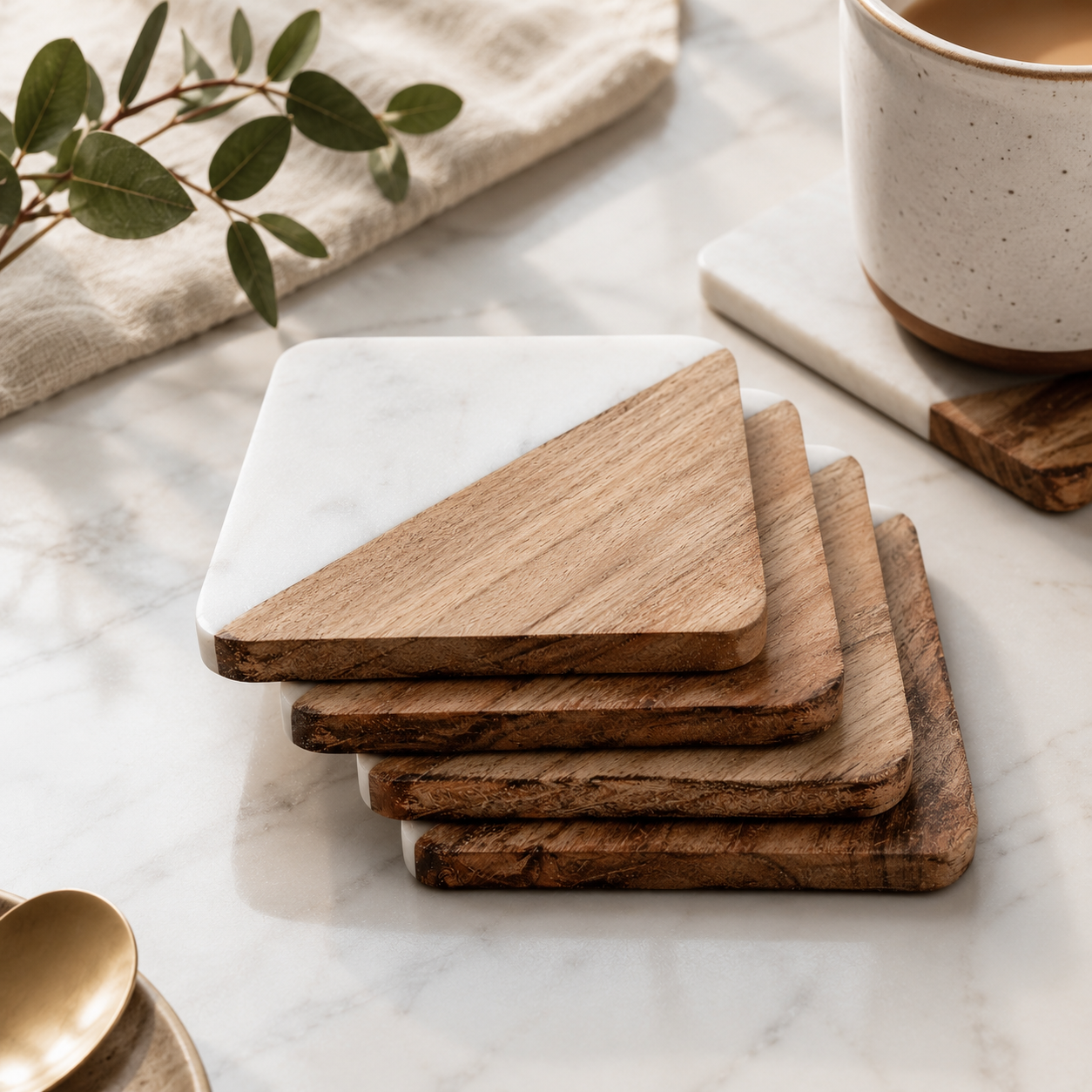 White Marble and Wooden Coasters Set of 4 for Tea Coasters