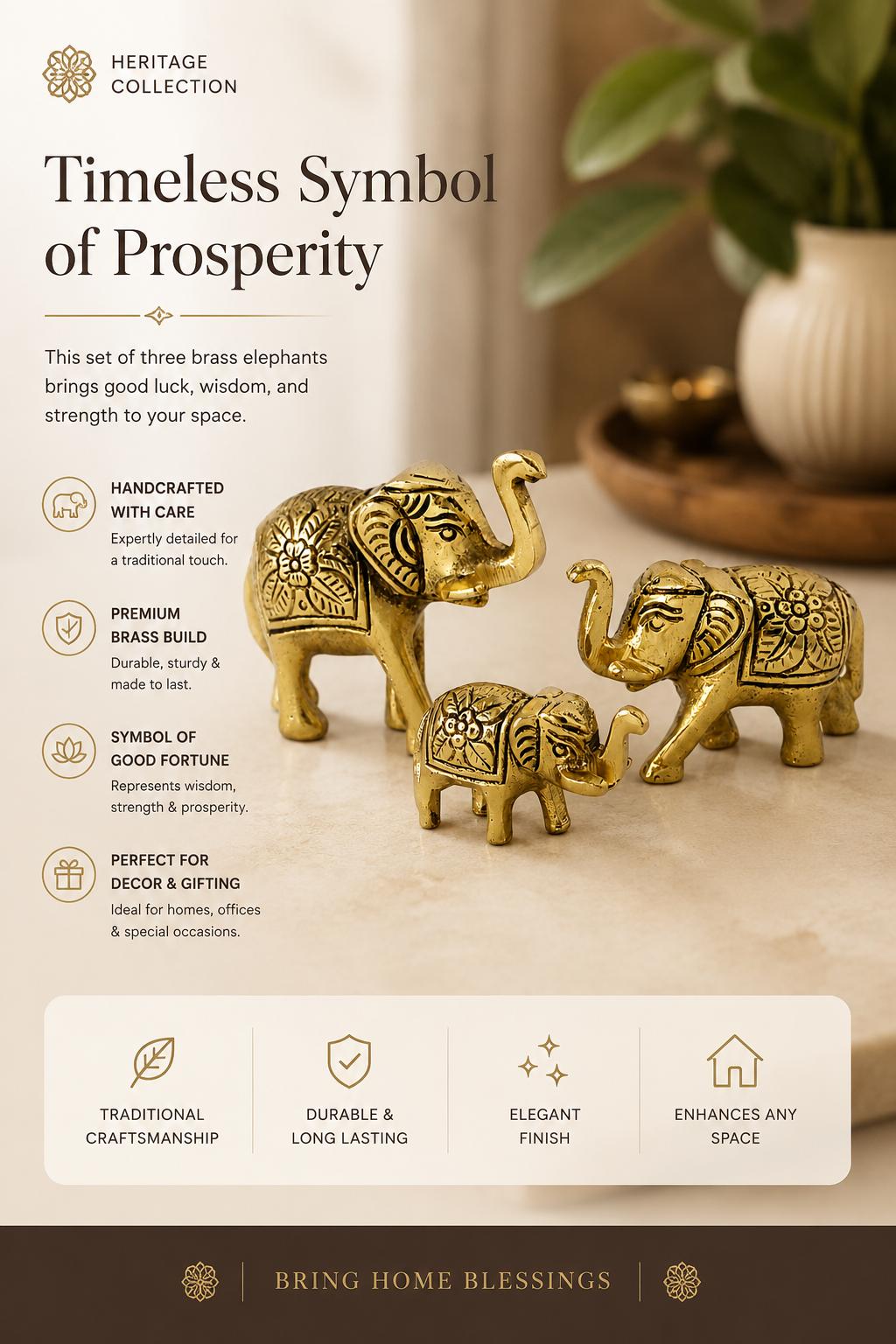 Metal Trunk Up Elephant Family Statue Showpiece Figurine- set of 3