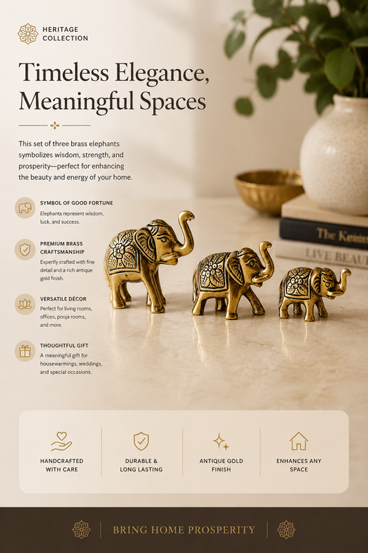Metal Trunk Up Elephant Family Statue Showpiece Figurine- set of 3